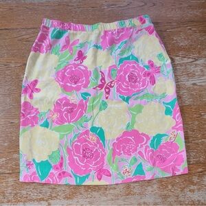 VNTG Lilly Pulitzer Silk Mini Skirt Shoo Fly Butterflies & Poppies Pull-On Sz 10
